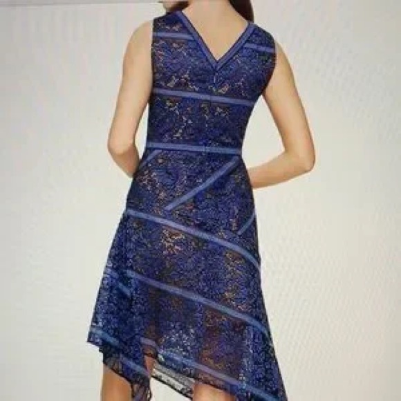 NWT BCBGMaxAzria Blue Lace Asymmetrical Cocktail Midi Dress 2 - Picture 2 of 10